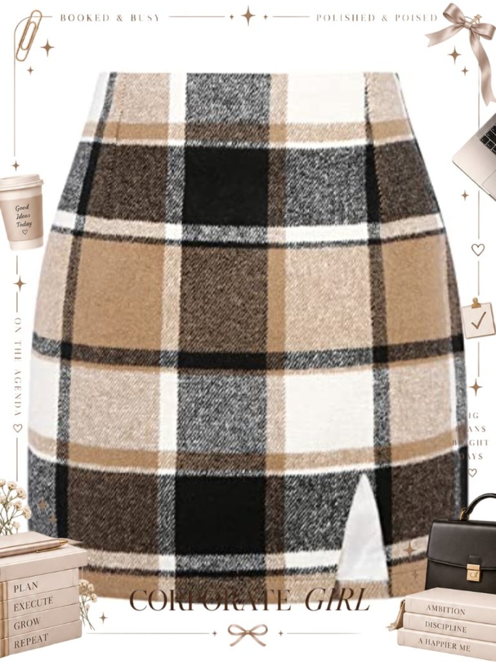 Wool Blend Plaid Mini Skirt High Waisted Pencil Slit